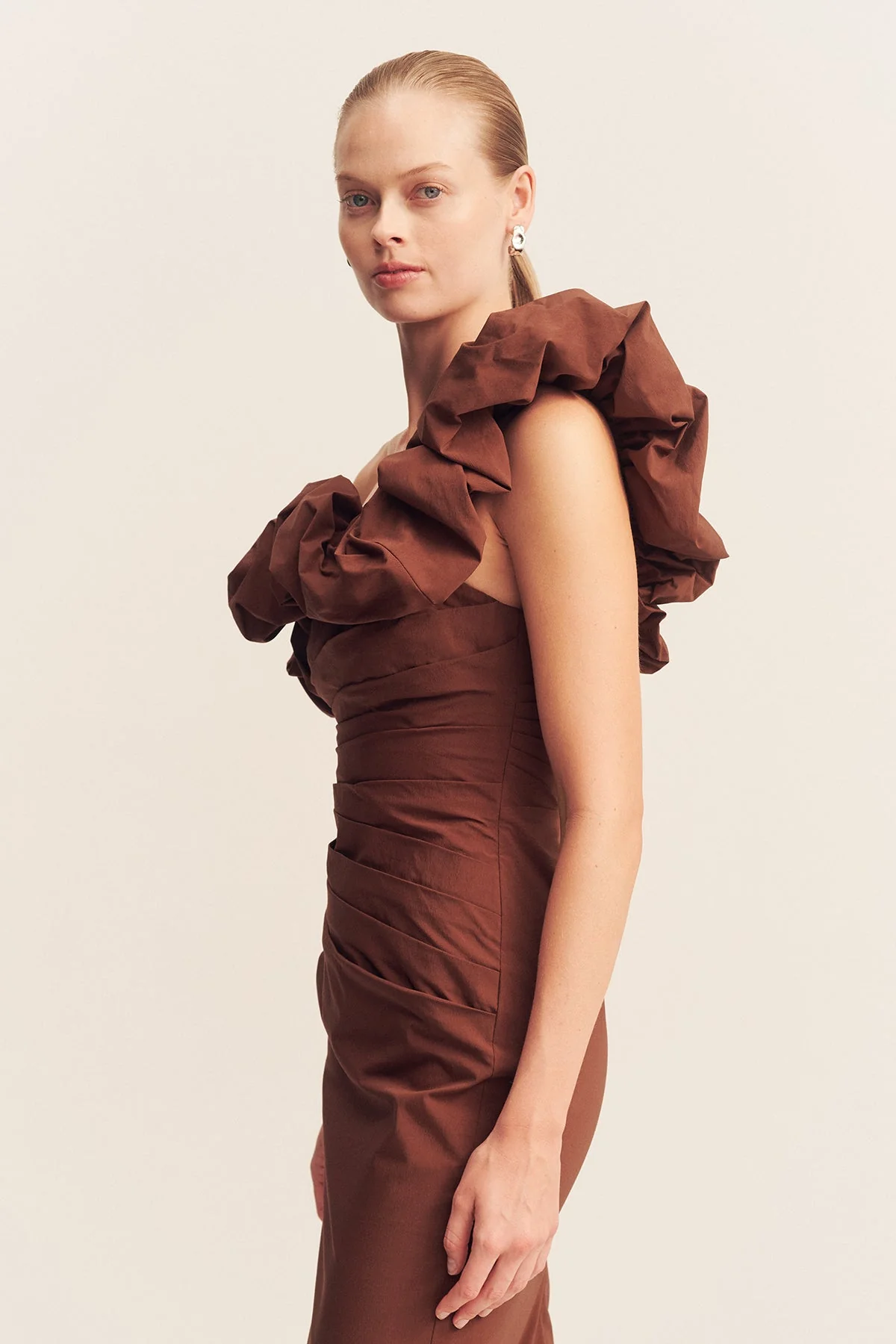 CAMPBELL RUFFLE DRAPED MAXI DRESS - ESPRESSO - Image 3