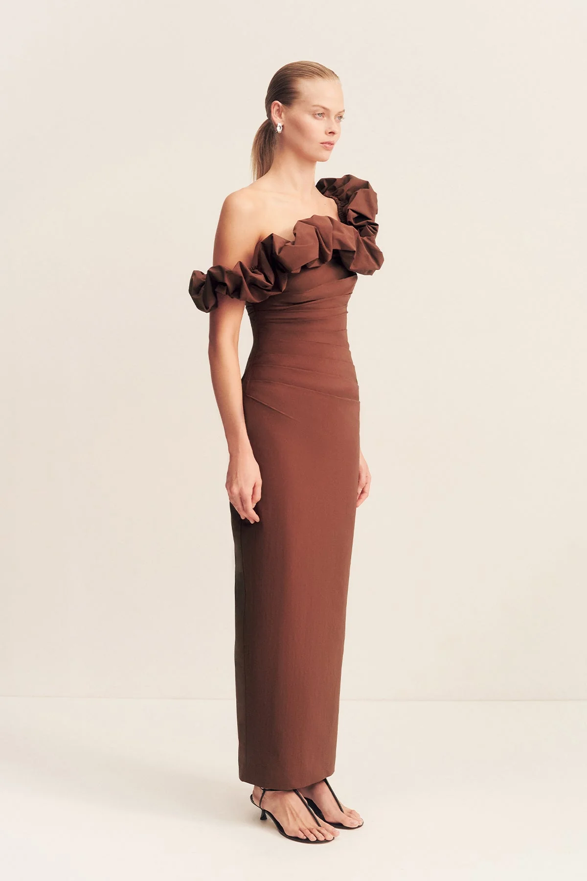 CAMPBELL RUFFLE DRAPED MAXI DRESS - ESPRESSO - Image 4