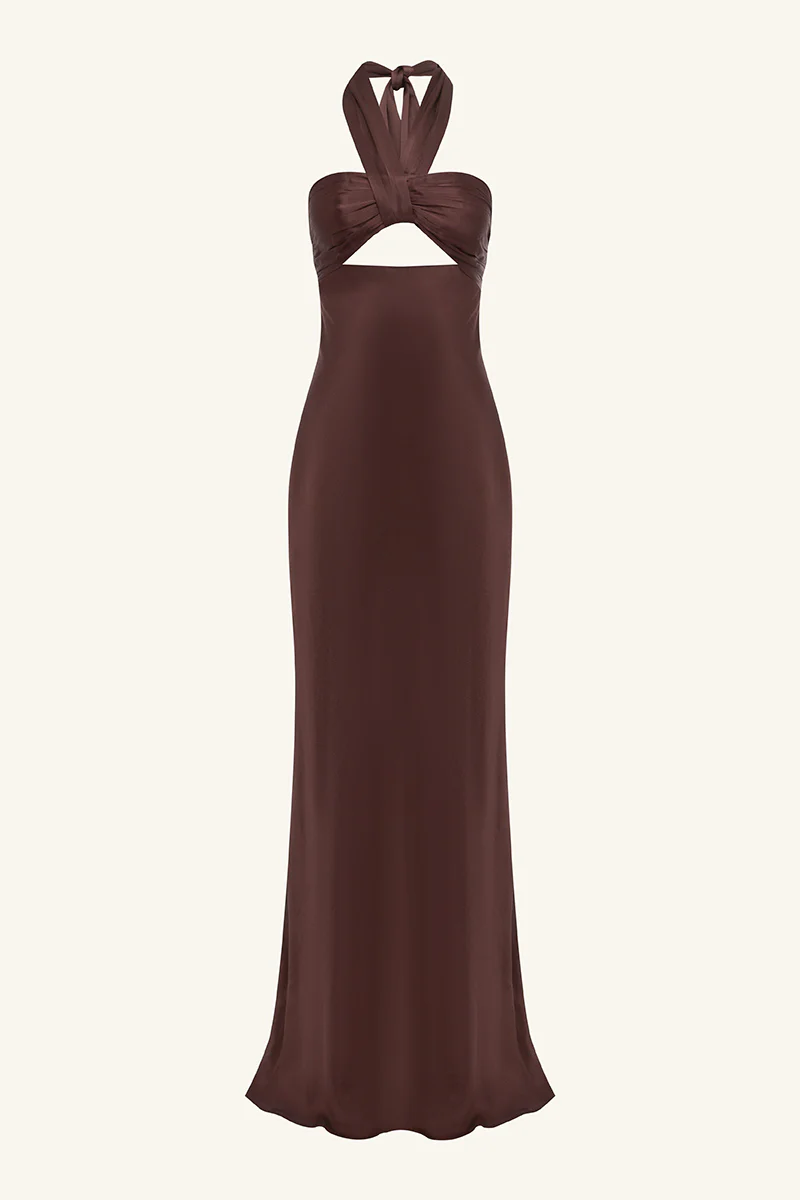 LA LUNE RUCHED HALTER MAXI DRESS - ESPRESSO - Image 8